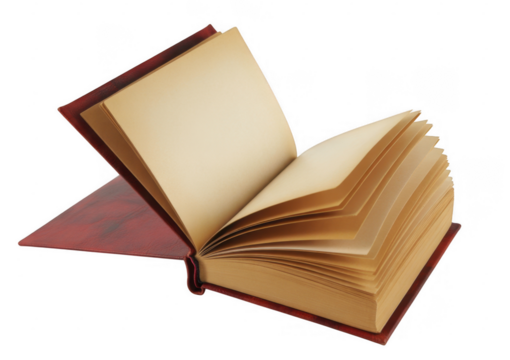 Open antique book with aged yellow pages and red cover isolated on a transparent background