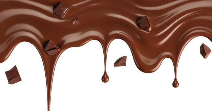 Molten chocolate with chunks dripping down isolated on a transparent background
