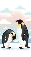 Obraz premium Two cute emperor penguins in a pastel winter landscape