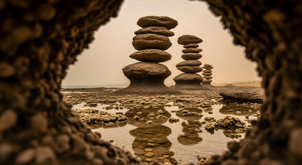 Stacked Rock Formations on a Tidal Flat Reflecting in Shallow Water Under an Overcast Sky