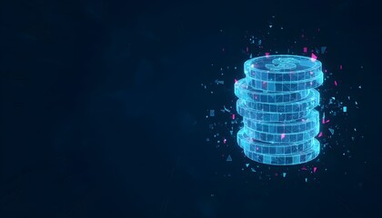 Futuristic digital currency concept showing a glowing stack of holographic dollar coins on a dark background.