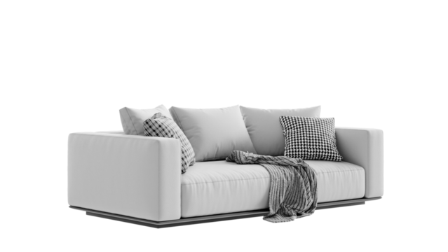 Contemporary white leather couch on an isolated background. Furniture for collages, graphics designs, and presentations.
