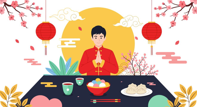 Chinese New Year celebration with food and decorations, happy new year greetings
