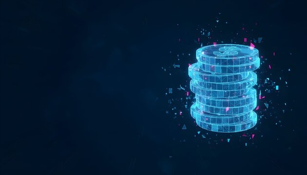 Futuristic digital currency concept showing a glowing stack of holographic dollar coins on a dark background.