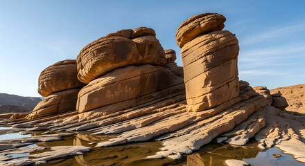 Majestic sandstone formations sculpted by time and elements in an arid desert landscape under a clear blue sky.