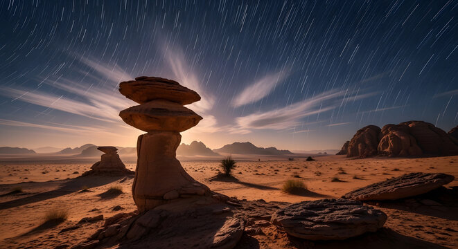 Serene Desert Landscape Under a Starry Sky, Featuring Balanced Rock Formations and Dramatic Light