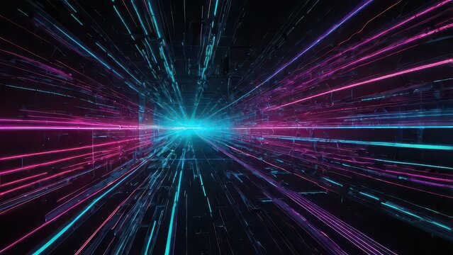 Abstract digital tunnel of neon light streaks moving forward rapidly