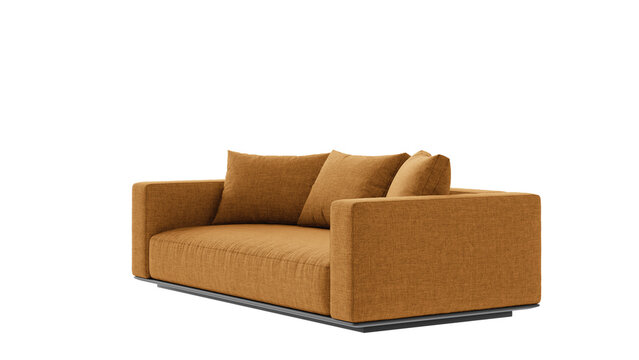 Modern orange couch with pillows on a transparent background.

