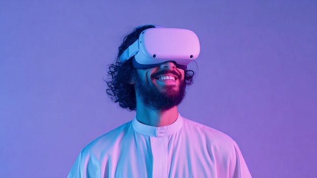 Experience virtual reality gaming with a smile or embrace a futuristic lifestyle with this man immersed in a captivating digital world of possibilities