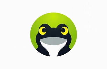 Fototapeta premium Cute frog face peeking from green circle. Cartoon amphibian with big yellow eyes and wide smile. Simple graphic for kids, nature, eco brands, web design.
