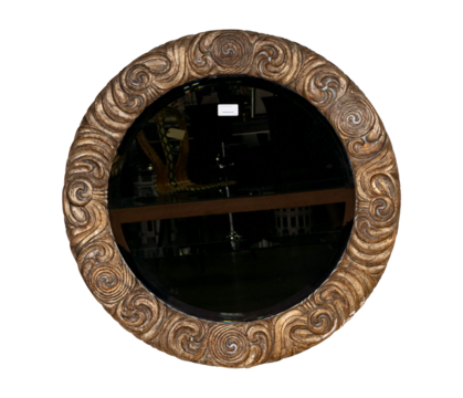 Ornate Round Mirror, Carved Swirl Frame. Antique Decor.