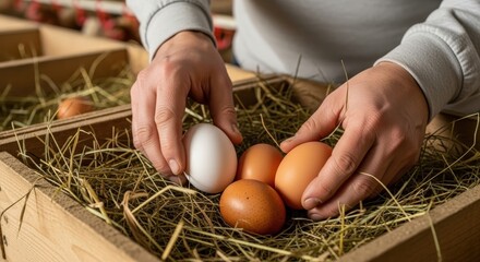 Hands carefully placing fresh brown and white organic eggs into a rustic wooden box filled with hay on a farm