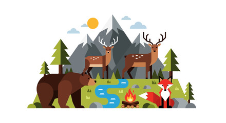 Charming illustration depicting woodland animals, mountains, and a campfire, perfect for nature and adventure themes
