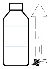 Insect falling near a bottle with an arrow indicating progress or effectiveness. Ideal for pest control, hygiene, progress, improvement, success, cleanliness, simple flat metaphor
