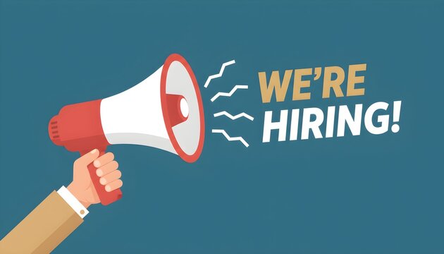 A hand holding a red and white megaphone with the announcement 'We're Hiring!' against a blue background, symbolizing a job opening.