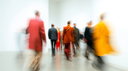 Diverse individuals move creating streaks of colorful motion against a light background. Blurred people banner