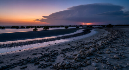 Serene Twilight Over a Mangrove Forest Revealing a Dramatic Storm Approaching in the Distance