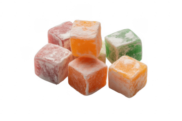 Pile of colorful Turkish delight cubes dusted with powdered sugar isolated on a transparent background 1