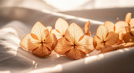 Delicate dried hydrangea flowers basking in warm afternoon sunlight on a soft silk fabric.