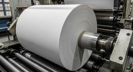 Huge blank paper roll moving through a printing or manufacturing machine in an industrial facility