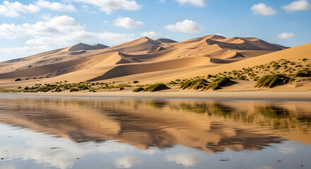 Majestic Sand Dunes Reflected in Calm Water Under a Bright Blue Sky with Wispy Clouds