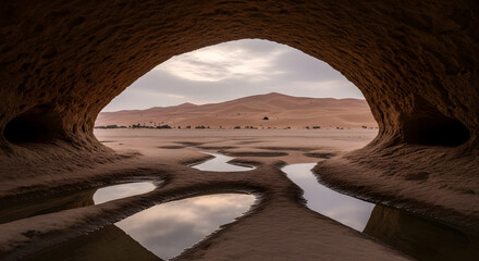Ancient Rock Formation Revealing Desert Landscape and Reflective Water Pools Under a Cloudy Sky