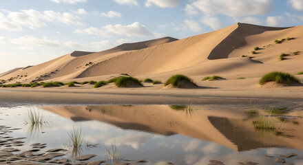 Serene Desert Oasis Reflects Golden Sand Dunes and Blue Sky Under a Gentle Sunlit Afternoon