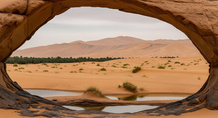 Natural Archway Frames a Serene Desert Oasis with Rolling Sand Dunes and Lush Greenery under a Cloudy Sky