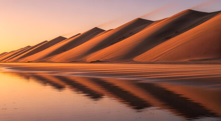 Serene Sand Dunes Cast Long Shadows Over a Calm Body of Water at Sunrise