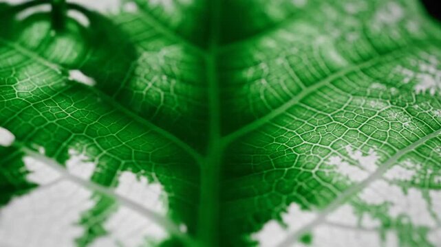 Green liquid spreading across a leaf veins structure in macro detail