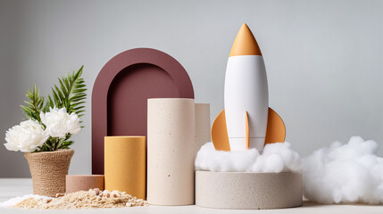 Decorative composition with a rocket on cylindrical pedestals, plants and artificial clouds — interior art object.