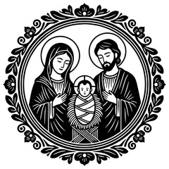 Holy Family round illustration, nativity line art, sacred religious icon, ornamental floral frame