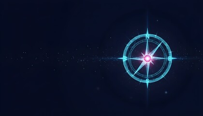 A glowing futuristic digital compass rose with blue and pink light against a dark, starry cosmic background, symbolizing navigation and direction.