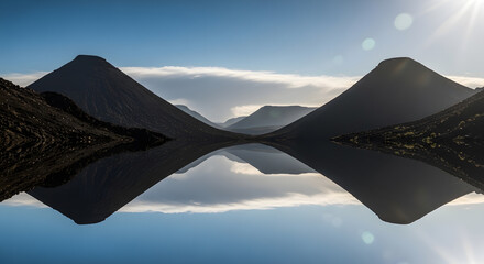 Serene Mountain Landscape Reflected Perfectly in Calm Water Under a Bright Sunny Sky
