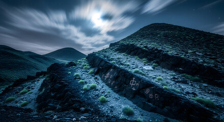 Ethereal Moonlit Desert Landscape with Streaking Clouds Over Jagged Mountains and Sparse Vegetation