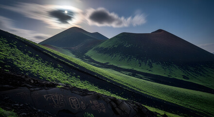 Majestic Volcanic Cones Illuminated by the Moon, Bathed in Ethereal Light with Verdant Slopes