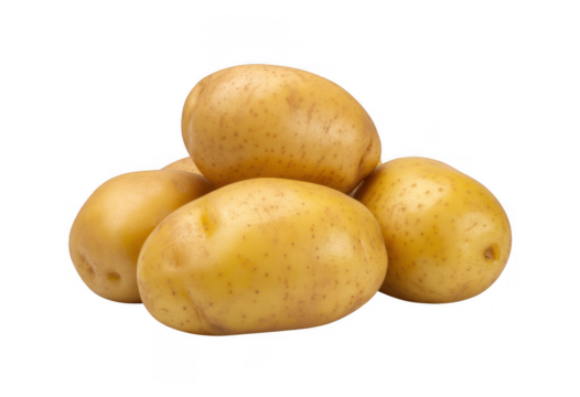 Pile of yellow potatoes with brown speckles isolated on a transparent background