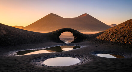Natural Archway Overlooking Twin Peaks at Sunrise with Reflective Puddles in Foreground