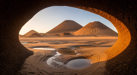 A Unique Desert Landscape Viewed Through an Abstract Natural Archway at Sunrise, Bathed in Golden Light