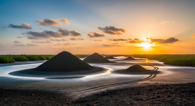 Captivating Sunset Over Mudflats with Piles of Dark Earth Amidst Lush Greenery