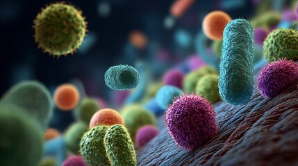 Colorful microscopic organisms explore a vibrant landscape for science and medicine, a stunning visualization of the unseen world with captivating detail