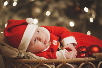 Little girl lays on a holiday background in Santa costume