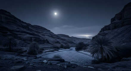 Moonlit Night Over a Rugged Canyon Landscape with Dramatic Rock Formations and a Glimmering Dry Riverbed