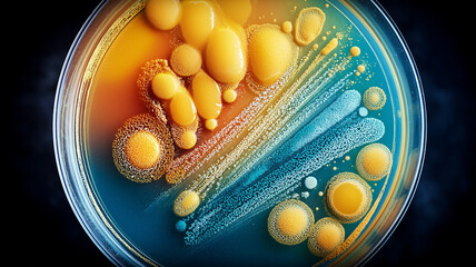 Microbial colonies forming dynamic biological patterns inside a petri dish, representing natural organism behavior and scientific exploration of microbial systems.
