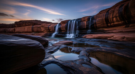 Majestic Waterfall Cascading Over Rugged Red Rocks at Dusk with Reflective Pools Below