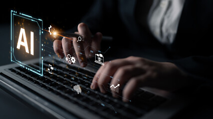 Concept of an enterprise Artificial Intelligence platform. The system integrates with various business processes like data analysis, cloud computing, and automation for growth. Fermion