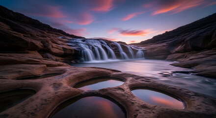 Serene Sunset Waterfall Cascading Through Rugged Rocky Terrain into Reflective Pools