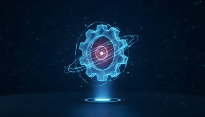 A glowing blue holographic gear with orbiting rings, symbolizing futuristic technology and innovation on a dark background.
