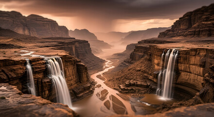 Majestic Twin Waterfalls Cascade into a Rugged Canyon under a Dramatic Stormy Sky