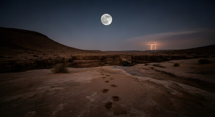Ethereal Night Landscape: Full Moon Shines Over Desert Canyons with Distant Lightning Strike